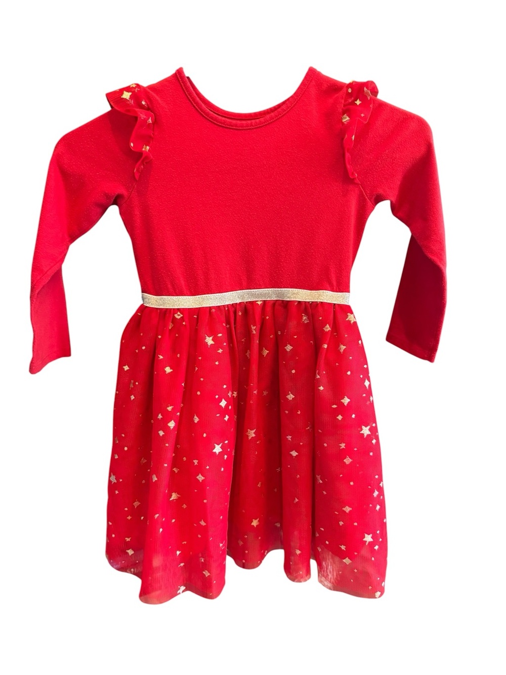 Cat & Jack Red Long-Sleeve Star Print Dress with Gold Waistband